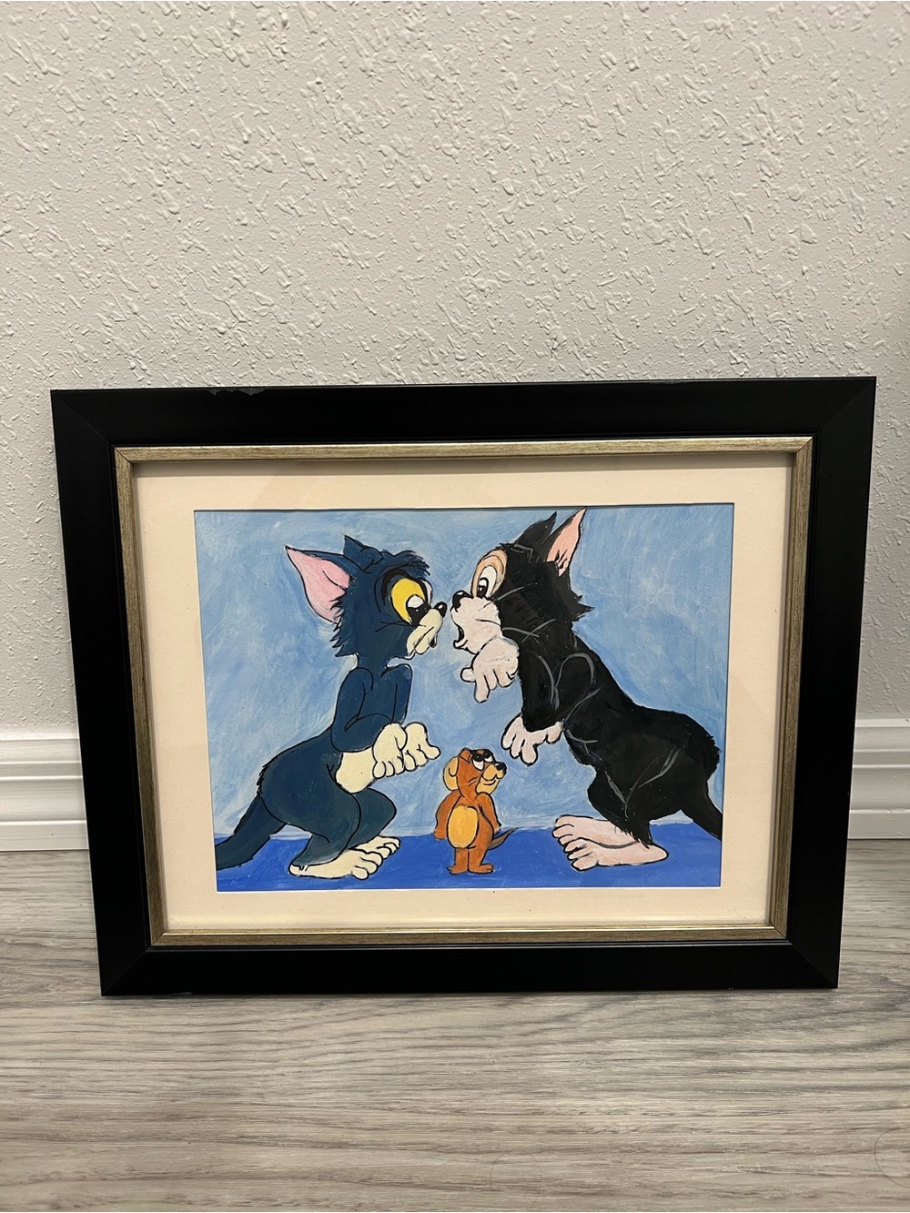 Tom and Jerry Art Print in Black Frame with Blue and Cream Tones